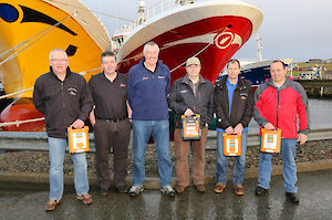 The team visited Whalsay to carry out training this week. From left: John Ellis, Ross Cowie, Neil Campbell, Jimmy Tulloch (Charisma), Hamish Corrigall and William Polson (mate on the Charisma).